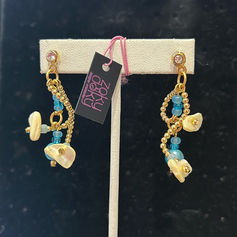 Mother of Pearl Lillies and Blue Beads Earrings-Boutique